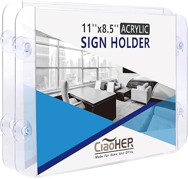 CiaoHER Acrylic Sign Holder 11 x 8.5, Clear Acrylic Frames Glass Window Wall Mount Advertising Signage Sign Holder with 4 Suction Cups for Mall, Office, Home, Restaurant, Landscape 2 Pack