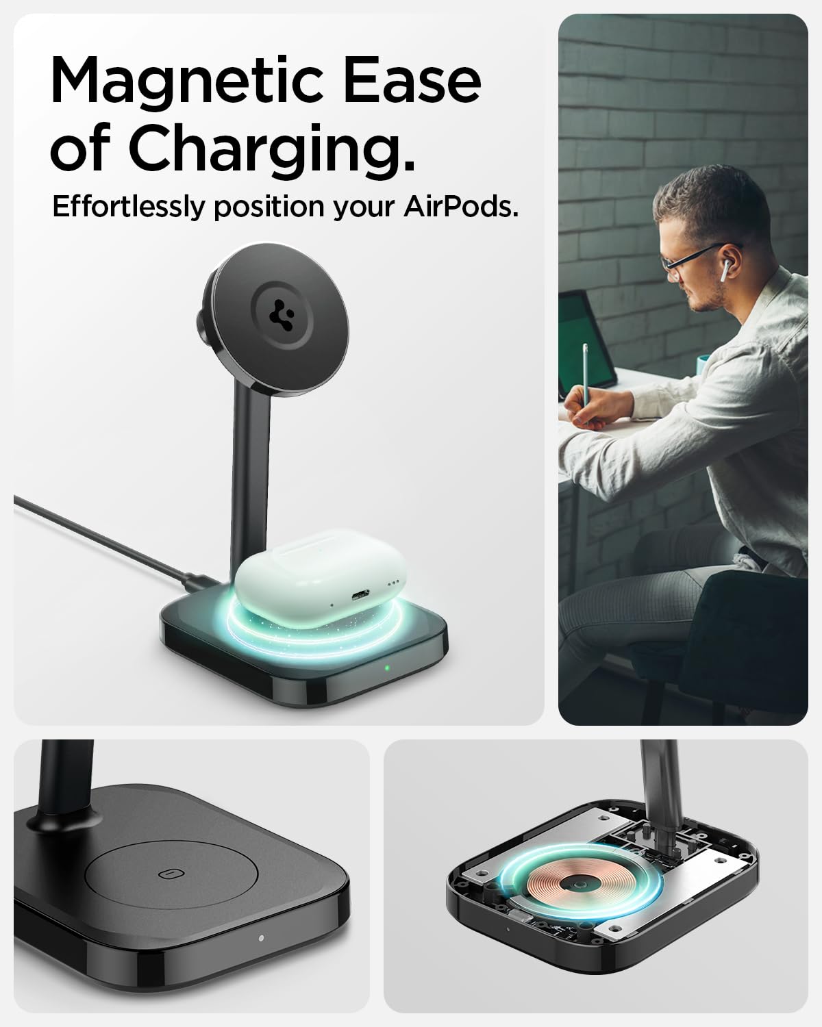 Spigen OneTap MagFit Cargador 2 en 1 MagSafe, estación de carga inalámbrica Qi2, con cable USB C de 2 m, ajustable a 45°, compatible con iPhone 17/16/15/14/13/12 Pro Max Air Plus Mini, AirPods 4/Pro 2