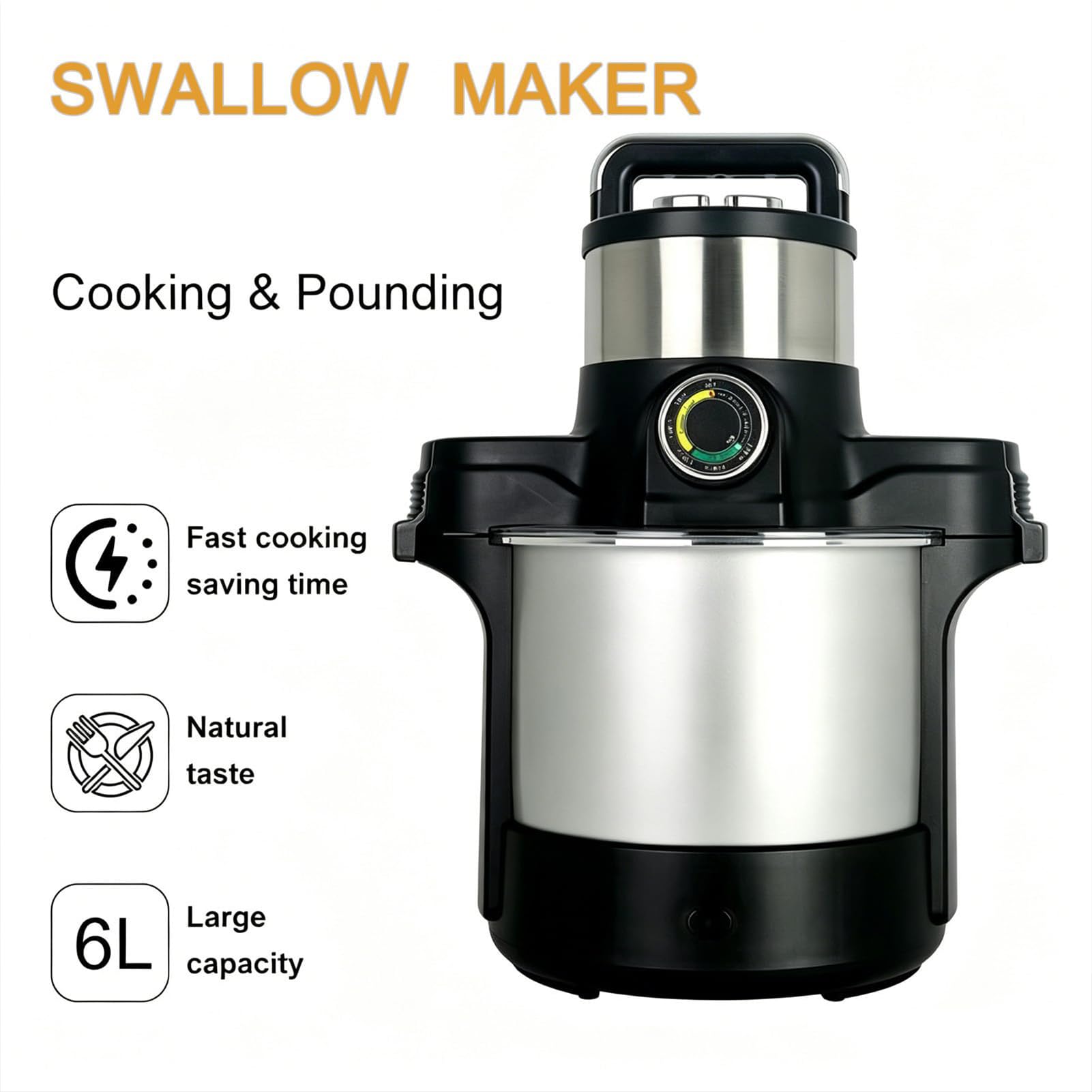 3-w-1 Maszyna Do Ugniatania Jam 6L, 1600W Swallow Maker Robot Kuchenny, Bezpieczna Konstrukcja I Łatwa Do Czyszczenia, Stalowy Ugniatacz Do Jamu Do Fufu, Amala, Banku, Dla 5-6 Osób
