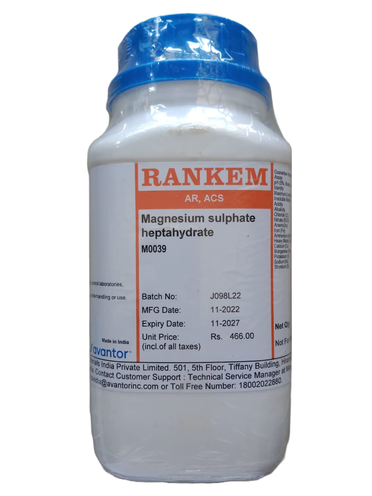See full amazon price history chart for Rankem Magnesium Sulphate Heptahydrate 500Gm AR ACS Grade, CAS 10034-99-8, Molecular Formula MgSO47H2O, Molecular Weight 246.48, Storeage Room Temperature, Shelf Life 5Years, for laboratory use only Rankem Magnesium Sulphate Heptahydrate 500Gm AR ACS Grade, CAS 10034-99-8, Molecular Formula MgSO47H2O, Molecular Weight 246.48, Storeage Room Temperature, Shelf Life 5Years, for laboratory use only (B0C18LJQK4) Amazon Price History, Amazon Price Tracker