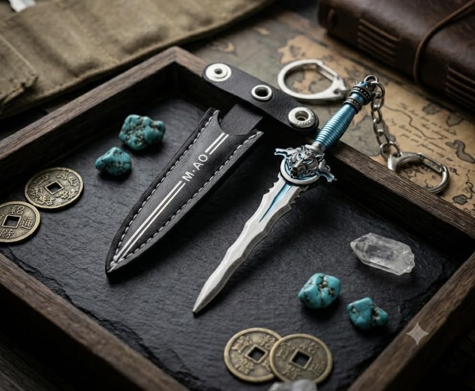 Mini Sword Keychain with Leather Sheath, Metal Dagger in Blue | Collector's Edition, Detailed Craftsmanship, Anime Inspired Design, Lightweight & Compact, Keyring Attachment-image-26