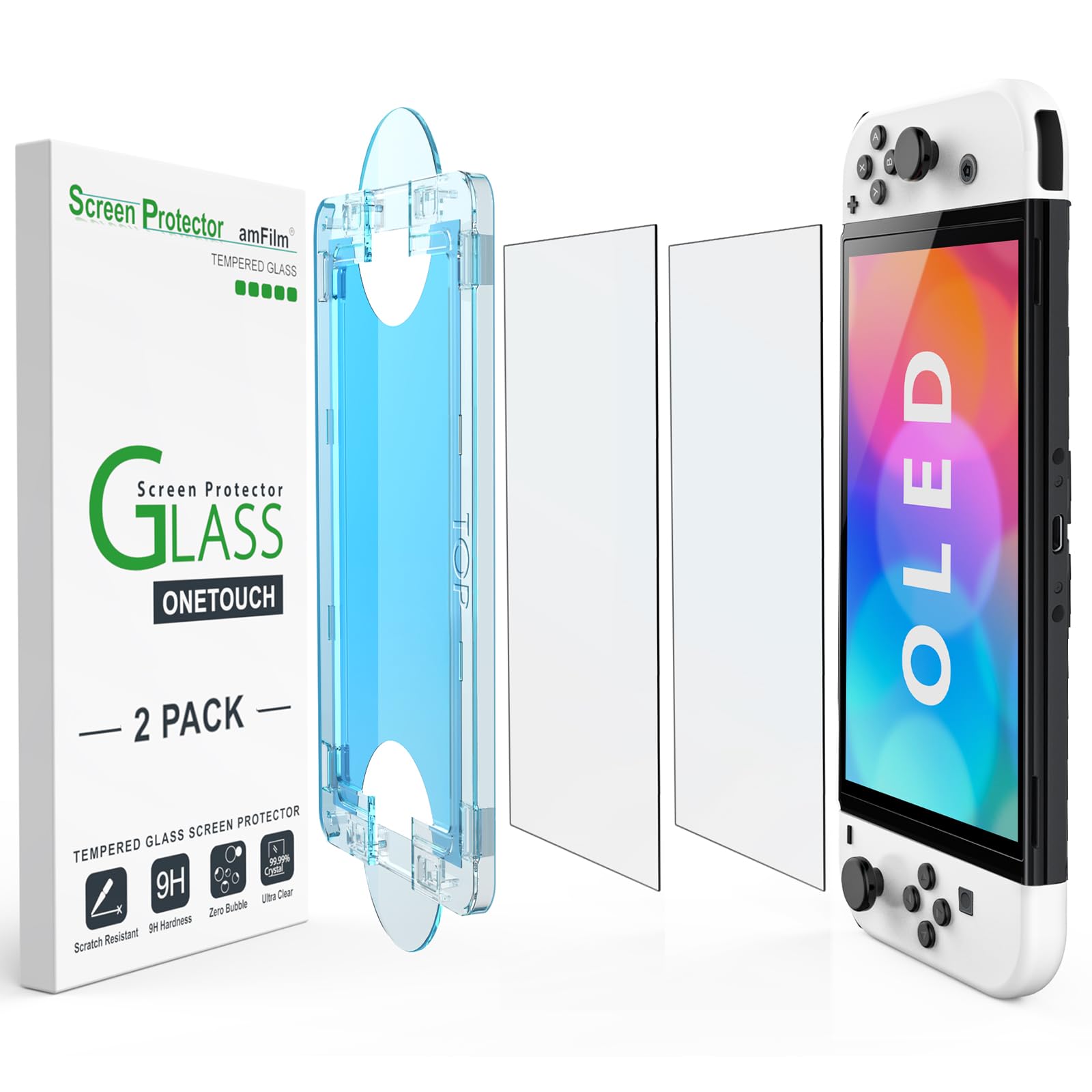 amFilm Auto-Alignment OneTouch for Nintendo Switch OLED Screen Protector [7.0"] 2021, Tempered Glass, 30 Seconds Installation, Bubble Free, Scratch Resistant, Touch Sensitive, Matte [2 Pack]