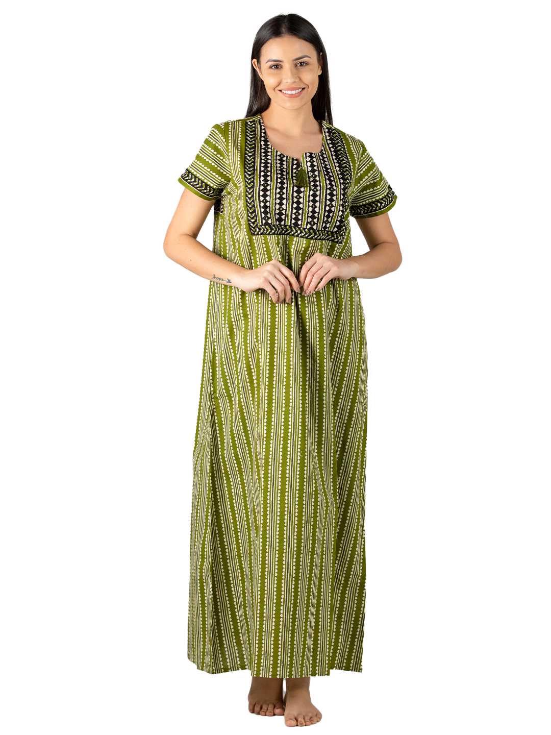 Evolove Cotton Nighty Maxi for Women with Side Pocket | Printed Short Sleeves Full Length Night Wear Gown