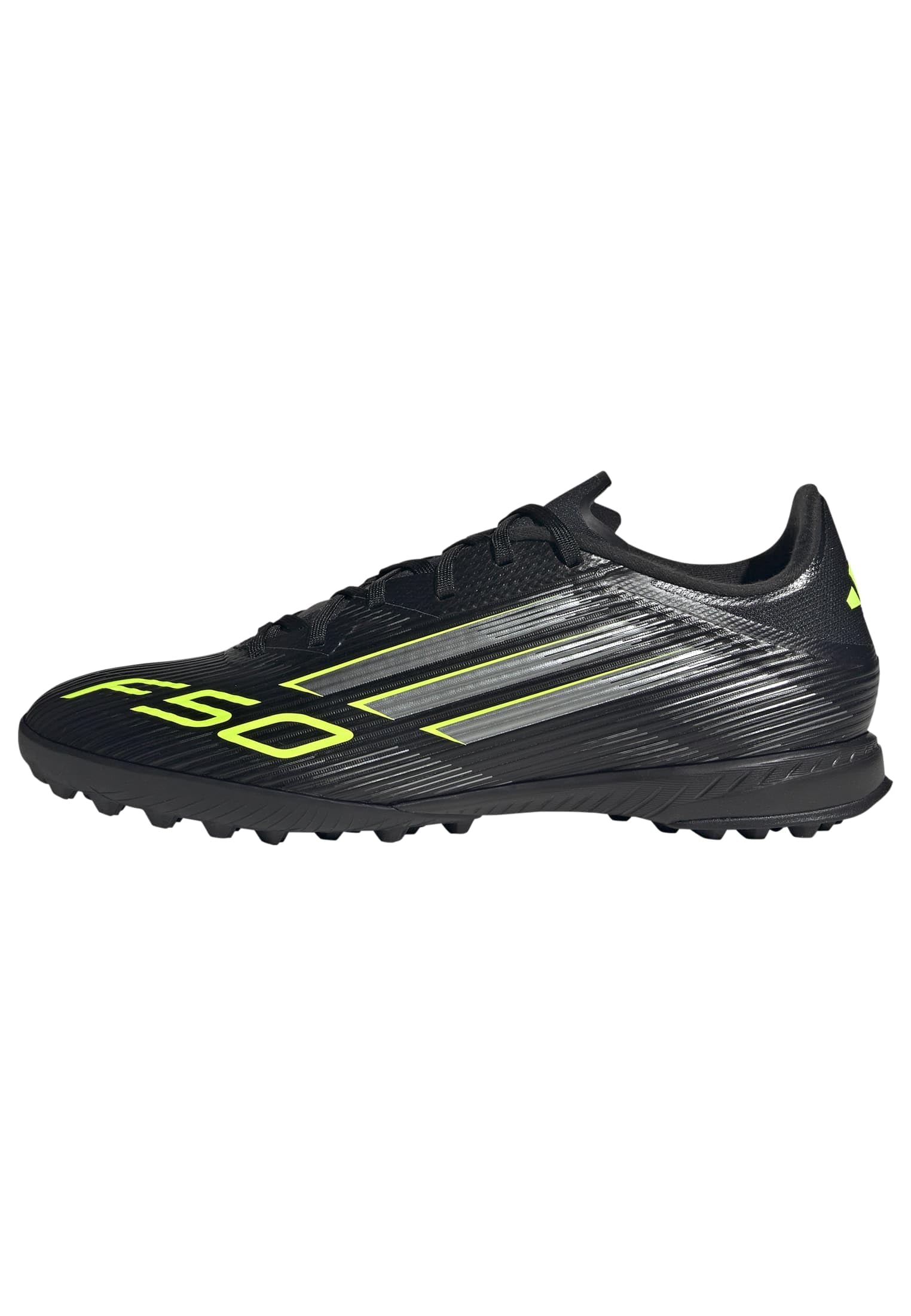 adidas Unisex F50 League Turf Football Boots, Core Black/Iron Metallic/Lucid Lemon, 10.5 UK