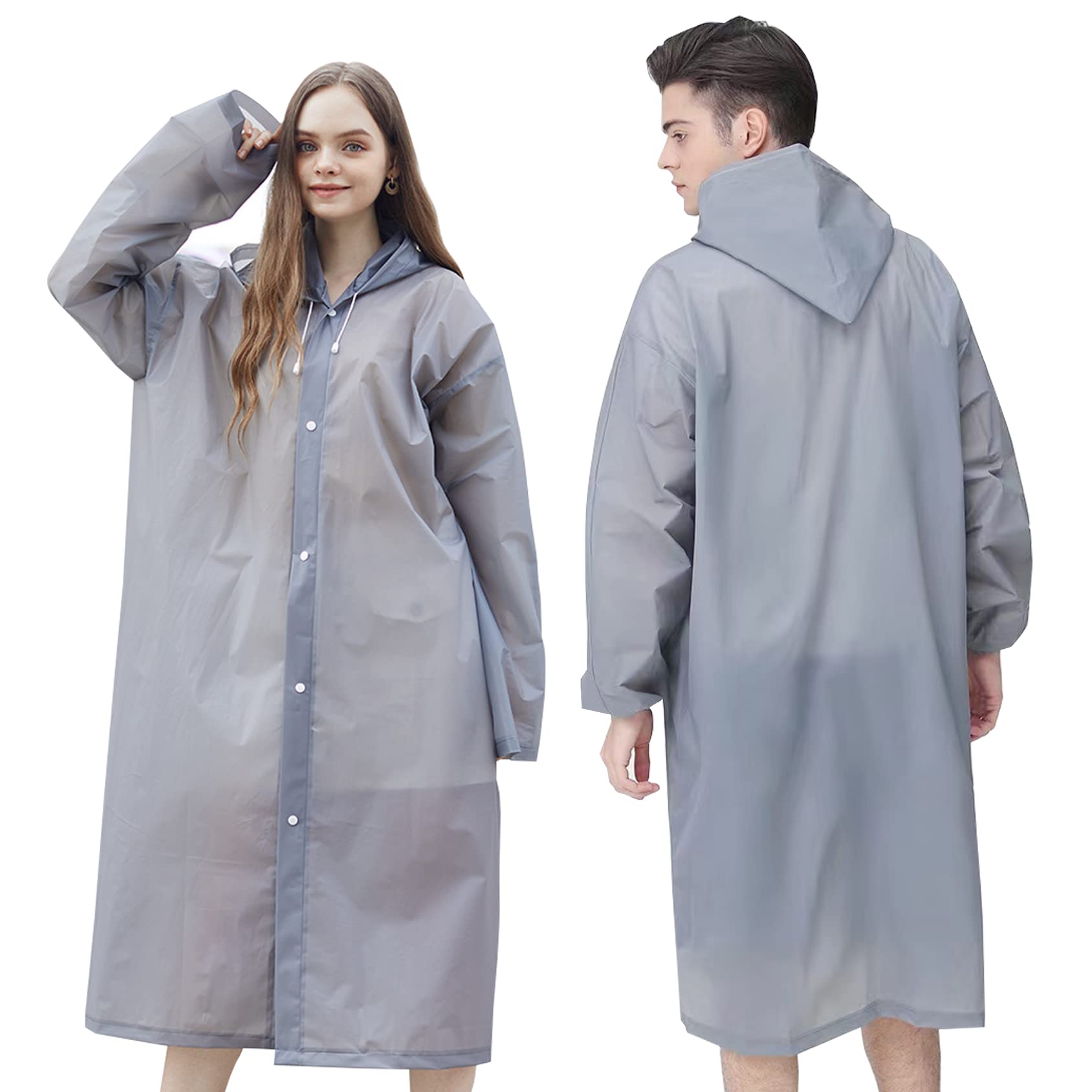 YTBUBOR 2 Pack Grey Raincoat Portable Ponchos, Adult Waterproof EVA Rain Poncho Reusable Rain Coats for Men and Women, Emergency Poncho for Camping, Hiking, Outdoor Activities