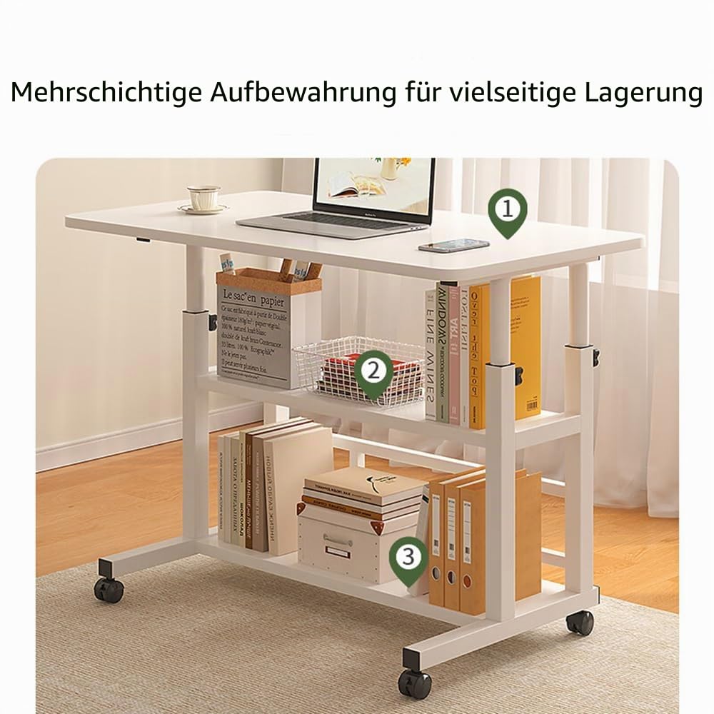 Computer-Schreibtisch, mobil, tragbarer Büroschreibtisch mit beweglichen Rädern, höhenverstellbarer Schreibtisch, Büro-Schreibtisch für Studenten und Arbeiter, 80x40x60–90 cm (weiß)