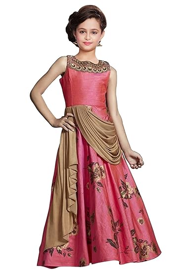 Wommaniya Impex New Zari Digital Flower meti N Handwork Neck Readymade Gown Dress for Girls