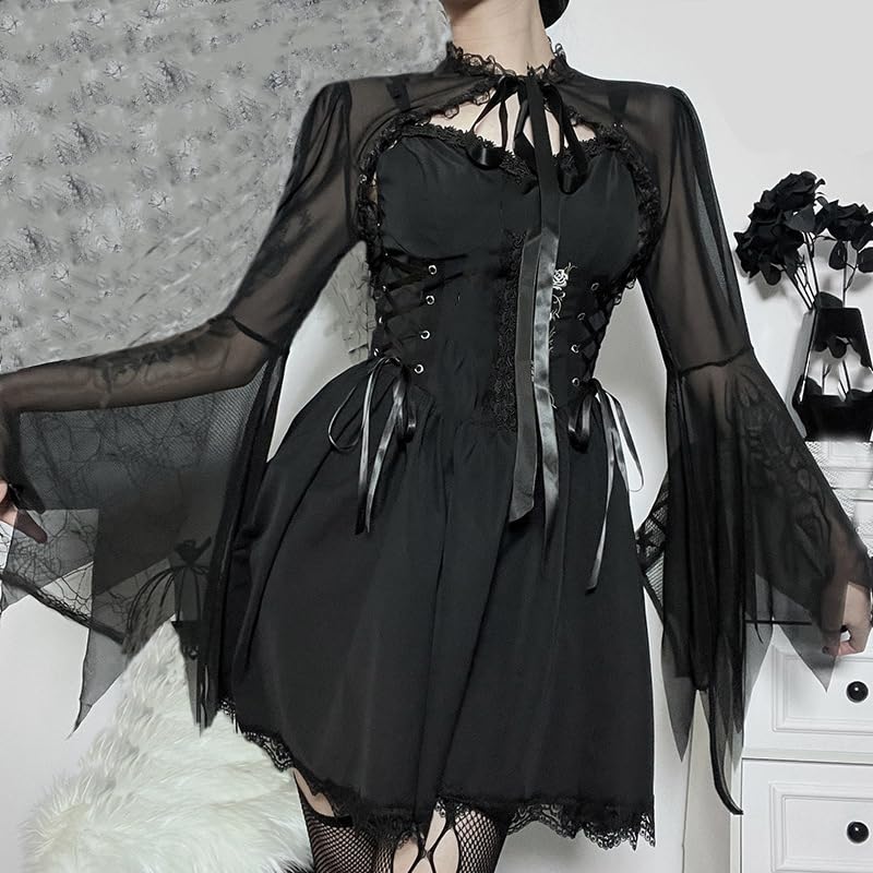 Image of Gothic Bolero Shrug Tops Women Goth Bell Long Sleeve Crop Top