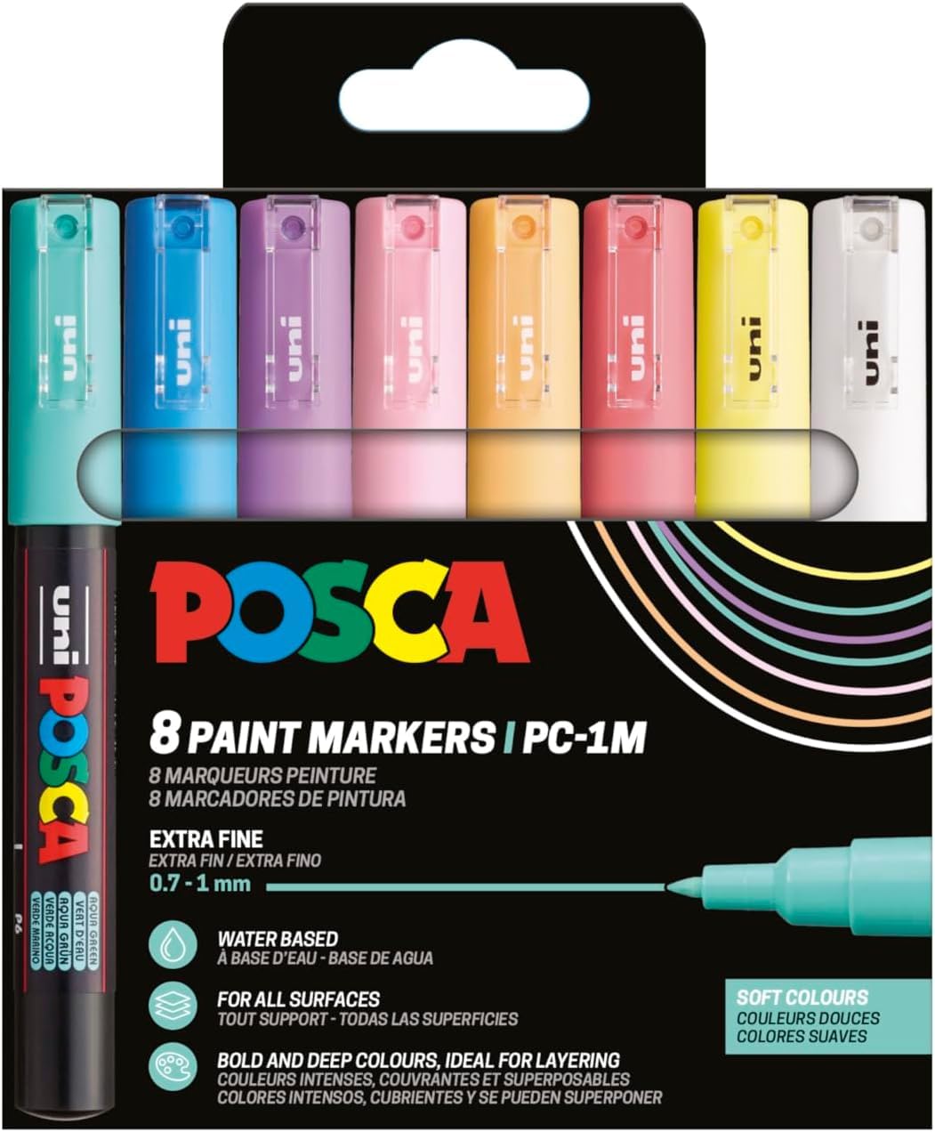 Posca 186752 Marker Set, 8 PC-1MC Acrylic Pens, Permanent Marker 0.7-1.0mm Round Tip
