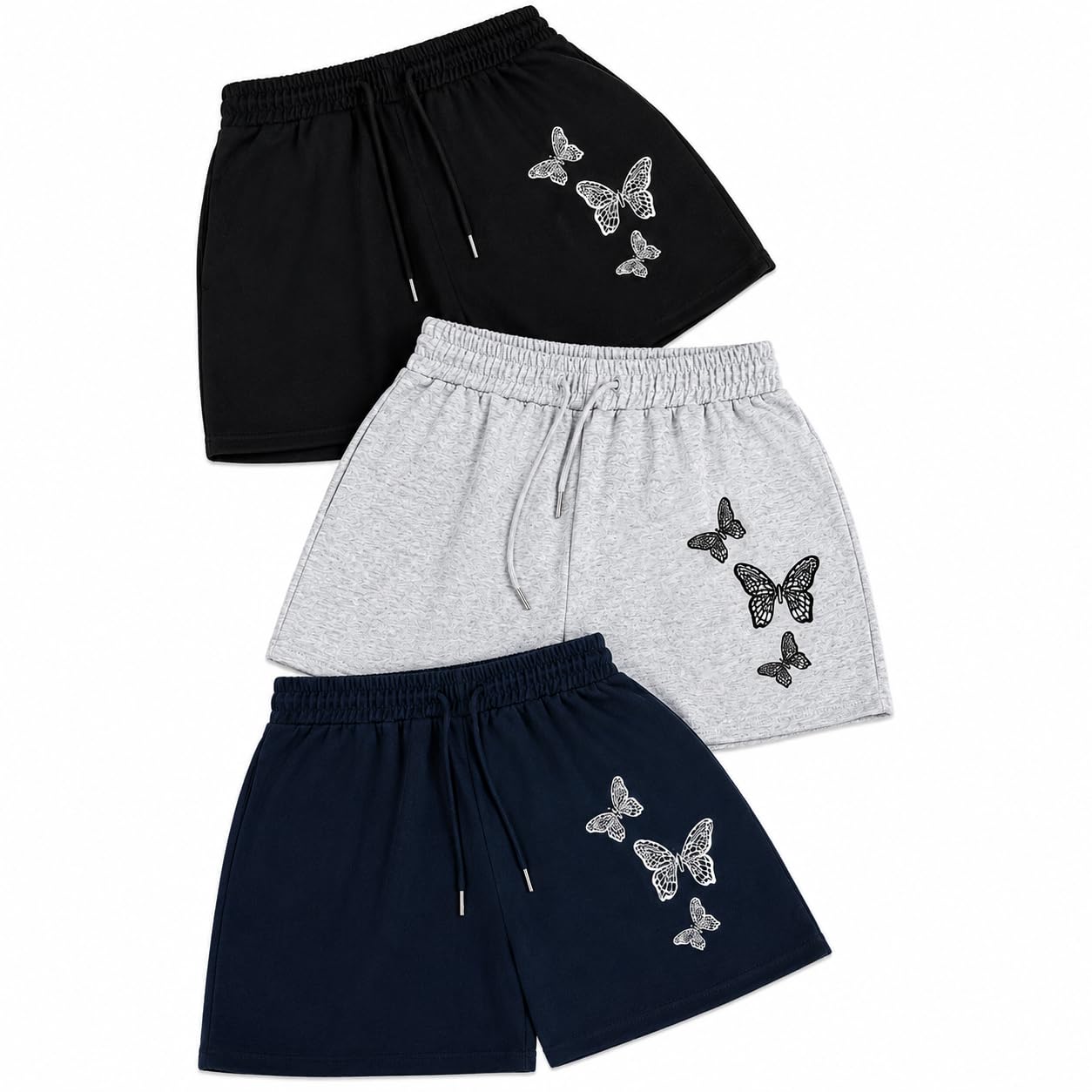 Women's Butterfly Printed Cotton Shorts, Pack of 3, Black, Navy, and Melange (NO Pocket)-picture-34