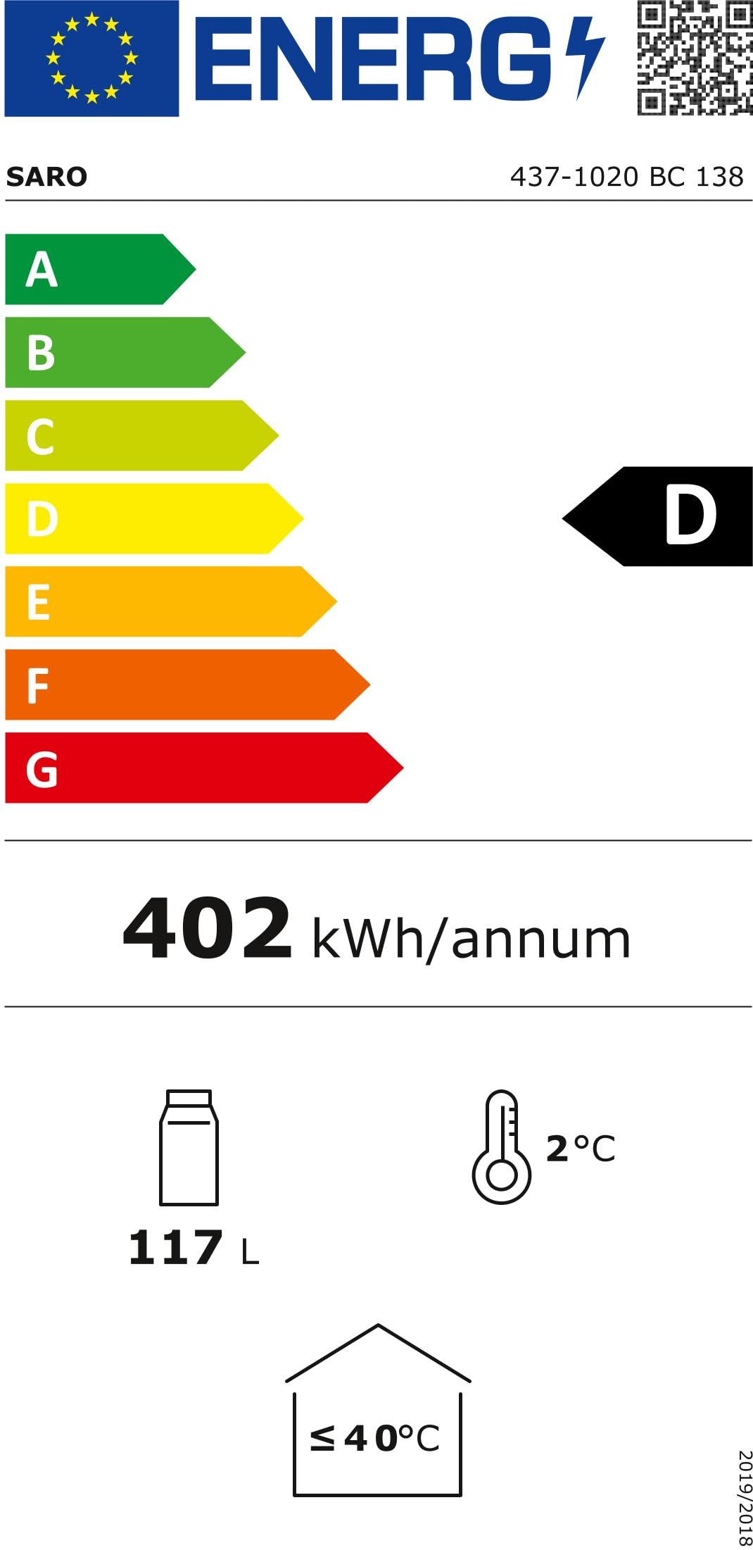 SARO BC 138 Frigorífico de bar, 128 l, 2 rejillas, puerta de cristal con cierre, control digital de temperatura, iluminación LED, 2-10 °C