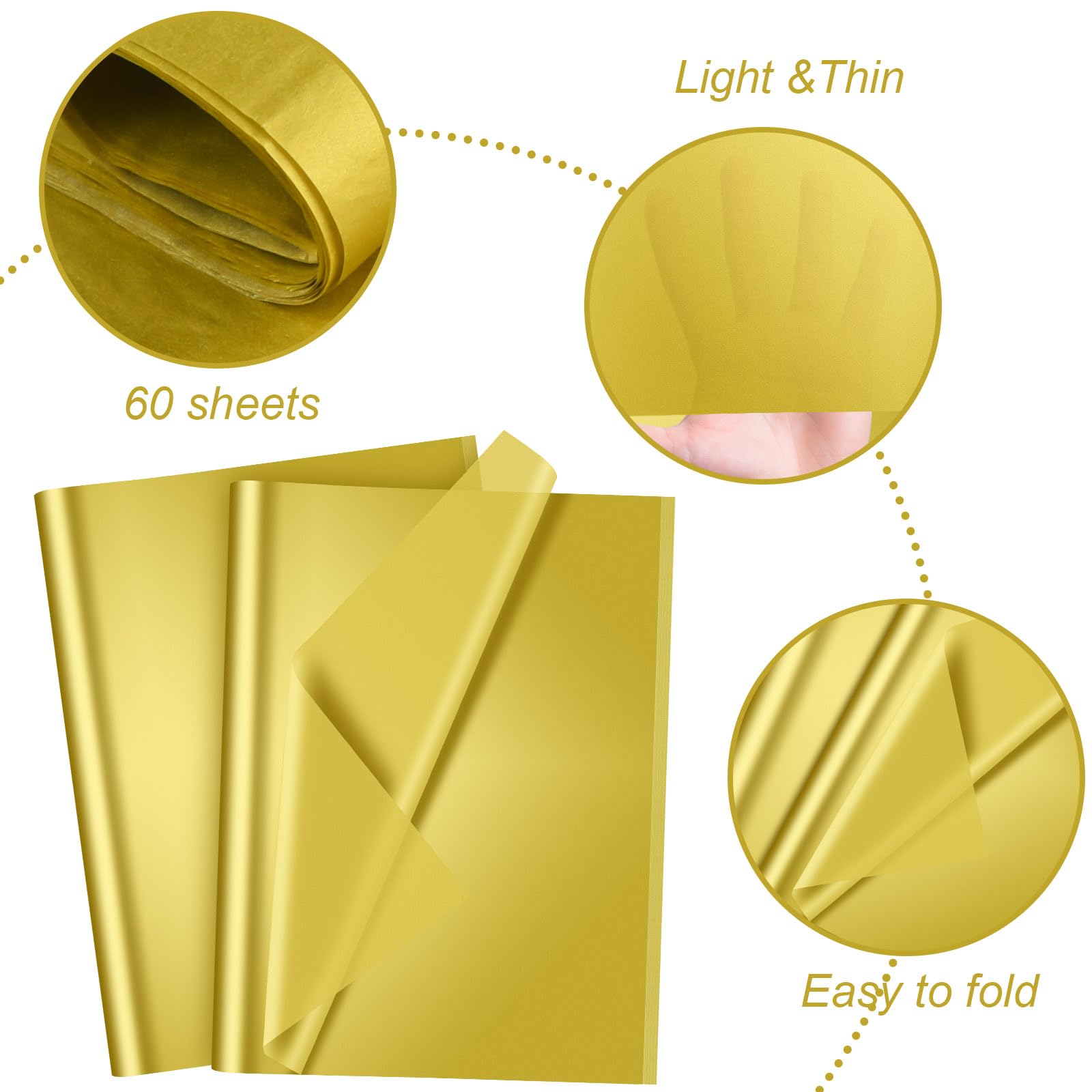 CHRORINE 60 hojas de papel de seda dorado para envolver regalos de arte, papel de seda a granel para manualidades DIY, decoración de cumpleaños, fiestas navideñas (20 x 14,5 pulgadas)