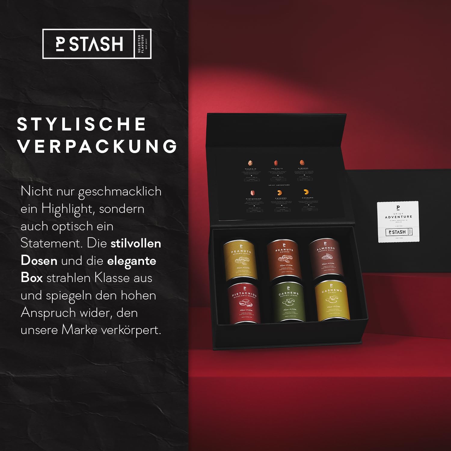 P-Stash Black Box Nussmischung - 6er Box Nüsse Mix - Cashews, Mandeln, Pistazien & Erdnüsse - Mixed Nuts mit einzigartigen Gewürzkombinationen, handgeröstet in Berlin (6er Box, Spicy Adventure)