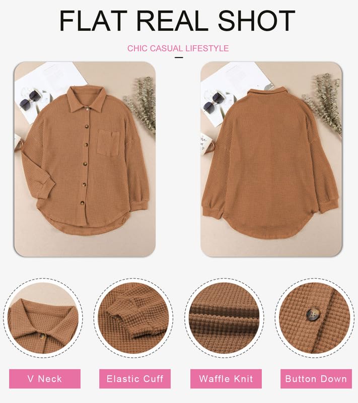 Image of Dokotoo Womens Waffle Knit Shacket Jacket Casual Button Down Shirts Tops | Long Sleeve,Loose Fit,Boyfriend Style,Collared V Neck,Fall Cardiga,Outwear with Pockets