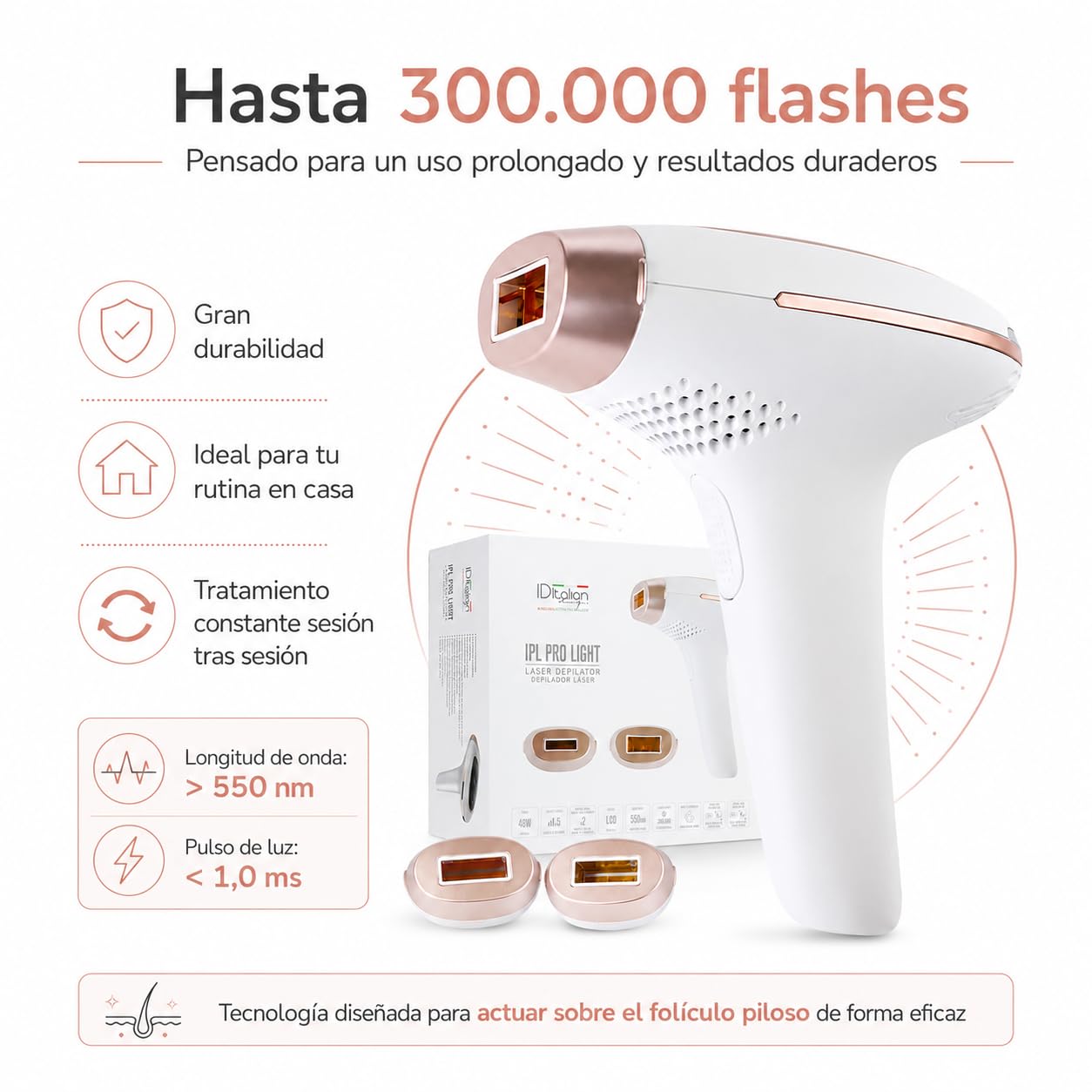 Postquam - Depilador Láser Infinium Pro - Eliminación Permanente Vello - Tecnología IPL - 300.000 Pulsaciones - 5 Niveles Intensidad - Seguro, Indoloro, Ergonómico - Cuerpo y Rostro - Área 3 cm²