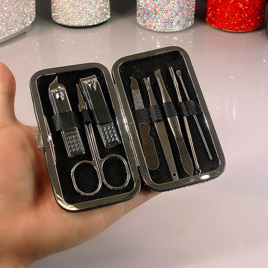 Bling Rhinestone Manicure Set Nail Clippers Pedicure Kit-8 Pieces,Stainless Steel Manicure Kit Pedicure Set Grooming Kits Nail Care Tools with Travel Case for Women Girls (Silver)