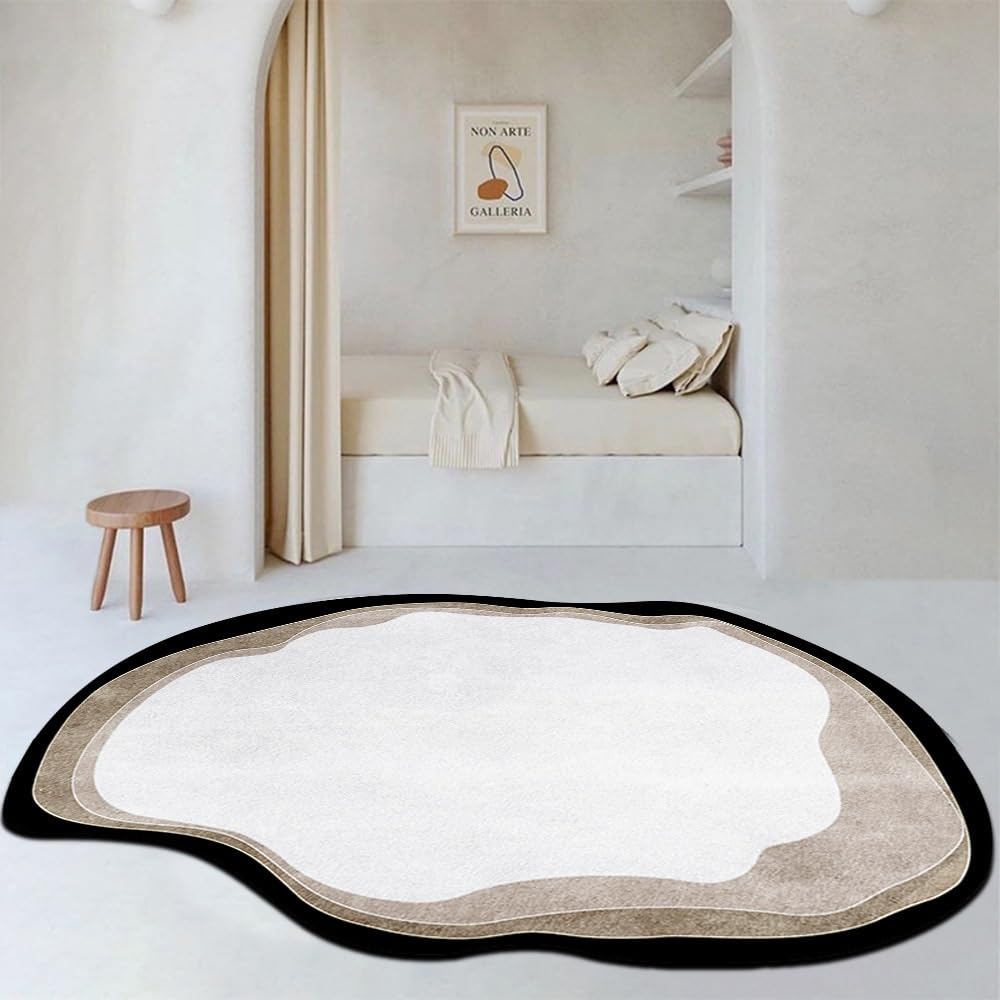 Tapis Ovale irrégulier de Forme spéciale, extrêmement Simple, Moderne, à la Mode, Noir, Marron, Blanc, for Salon, Chambre à Coucher, Chevet