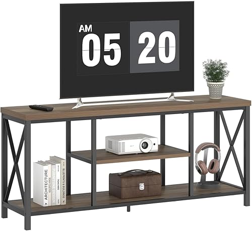 Miniatura 8 de FOLUBAN Soporte de TV para televisores de hasta 65 pulgadas, centro de entretenimiento de madera rústica y metal con estantes de almacenamiento,