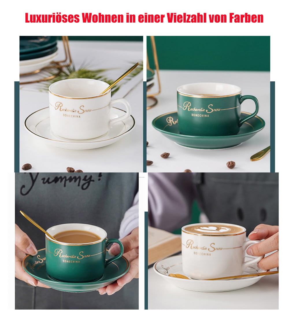 Zestaw filiżanek do cappuccino, 6 filiżanek i spodków (150 ml), luksusowy zestaw filiżanek do herbaty ze złotym wykończeniem, filiżanka do kawy z uchwytem, brytyjska porcelana królewska