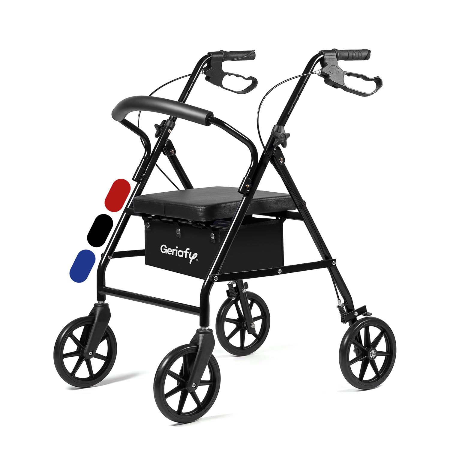 Geriafy Andador Plegable con Asiento y Respaldo Lambda Max Rollator 4 Ruedas XL 20 cm Cesto Frenos Manetas Caminador Ligero Regulable Altura Negro