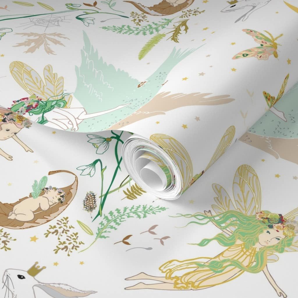 Removable Wallpaper 12ft x 2ft - Fairies White Fairy Girl Rabbit Bird Forest Custom Pre-Pasted Wallpaper by Spoonflower