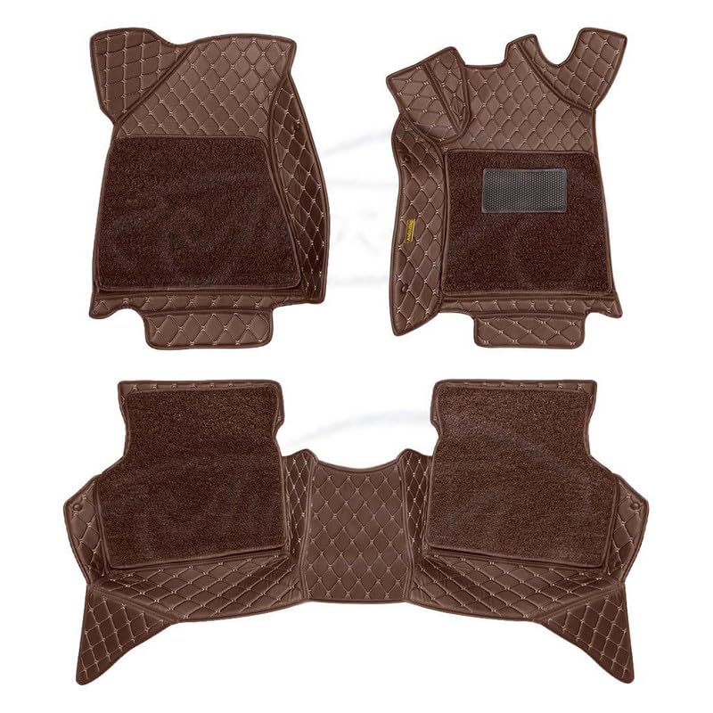 Image of Luxury 7D Car Floor Mat Full Set for Skoda Kodiaq | 7 Layer Protection Mats | Luxury Leather with Noodle /Curly Car Foot Mat with Heal Pad | Anti-Skid & Waterproof (Coffee Coffee)