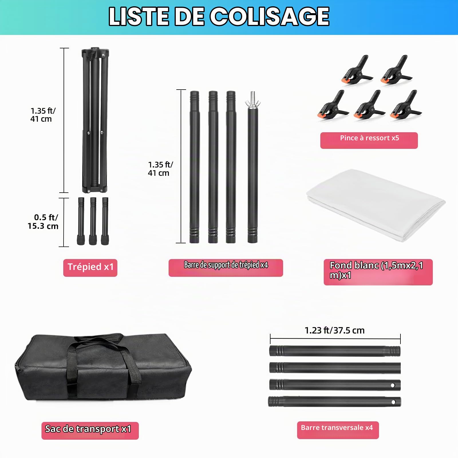 Fond blanc avec support 1,5 x 2,1 m