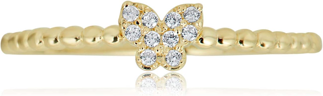 AVORA 10K Yellow Gold Simulated Diamond CZ Butterfly with Beaded Band Fashion Ring