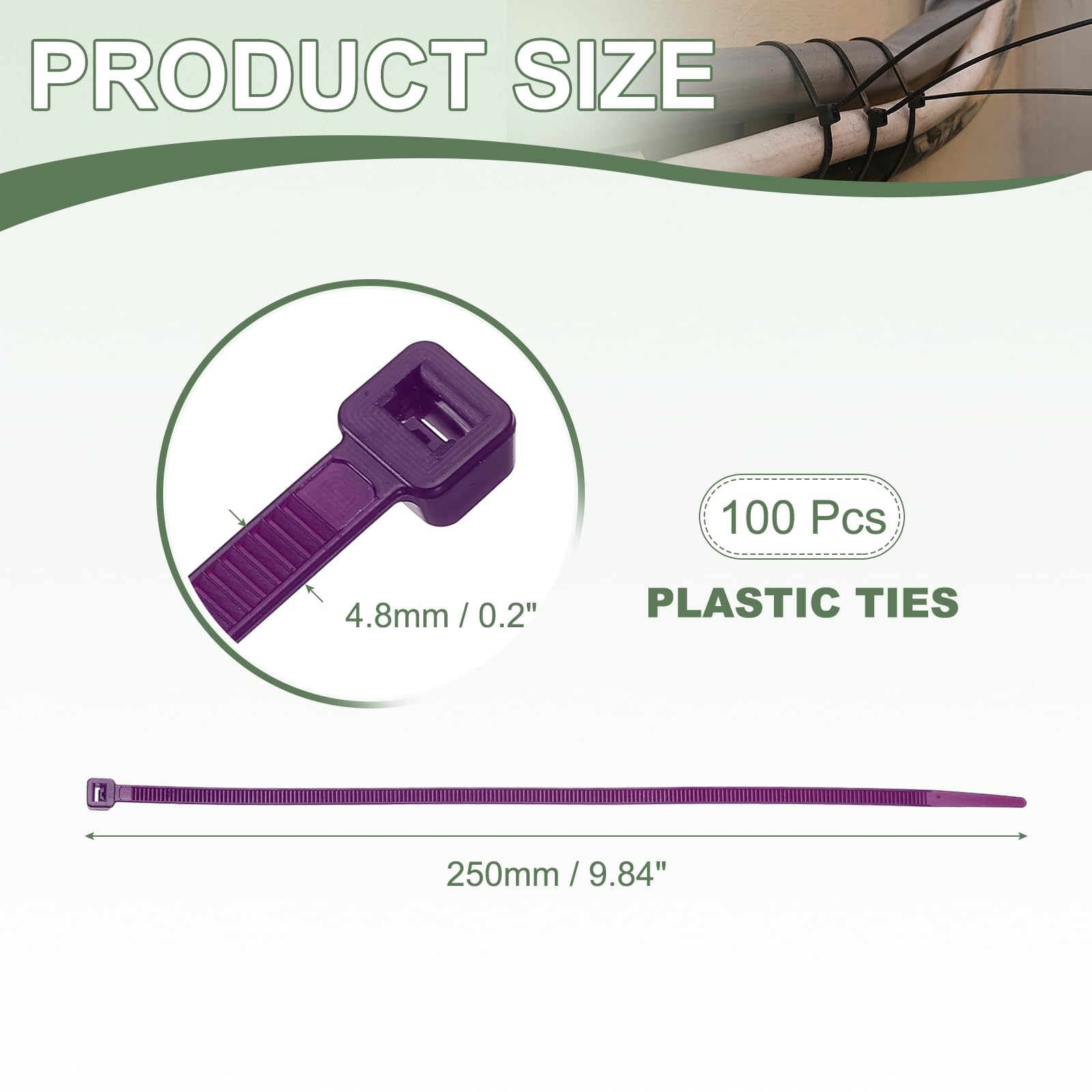 YELARXI Zip Ties Plastic Cable Ties, Self-Locking Wire Zip Tie 10 Inch Fit for Home Garden Office Workshop Travel - (100 Pack, Purple) - Image 2