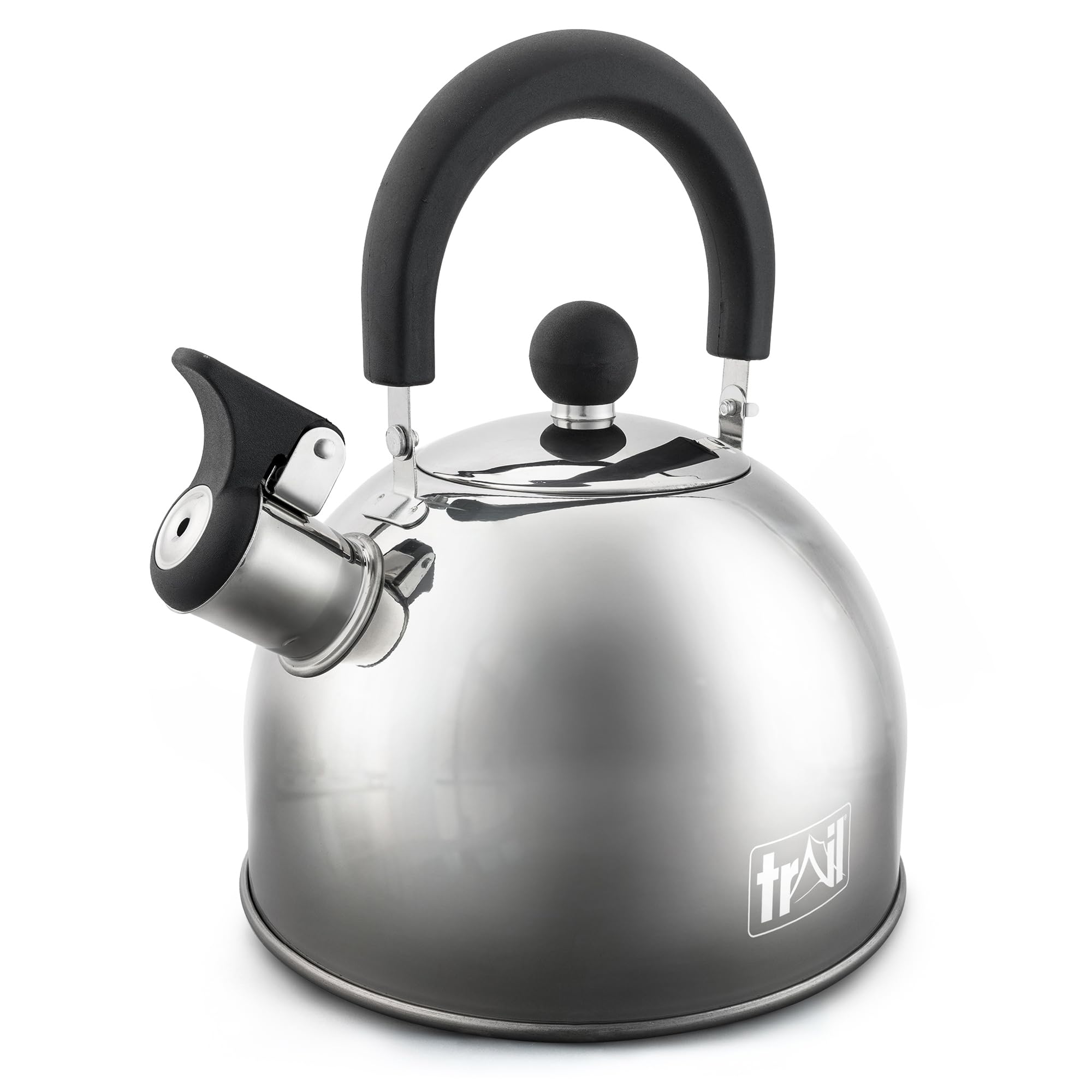 Trail 2L Whistling Camping Kettle, Polished Stainless Steel, Durable Lightweight, Easy Pour Spout, Folding Heat Resistant Handle, Fast Boil Travel, Outdoor Fishing Hiking, 15cm x 18cm, 0.42kg (Silver)