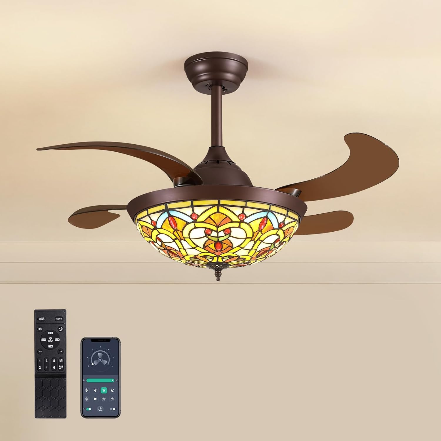 CROSSIO 36" Tiffany Ceiling Fans with Lights Tiffany Vintage Fandelier Vintage Chandelier Fan Stained Glass Ceiling Fan Retractable Blades for Living Room Dining Room