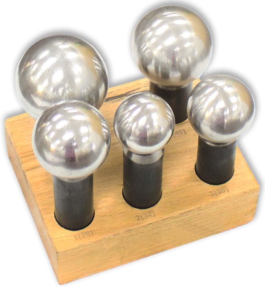 5 Pc. Large Dapping Punch Set | Heavy-Duty Metal Bending Tools | Jumbo Sizes: 28mm-45mm | with Marked Wooden Stand 4.75" x 1.25" x 3.7"