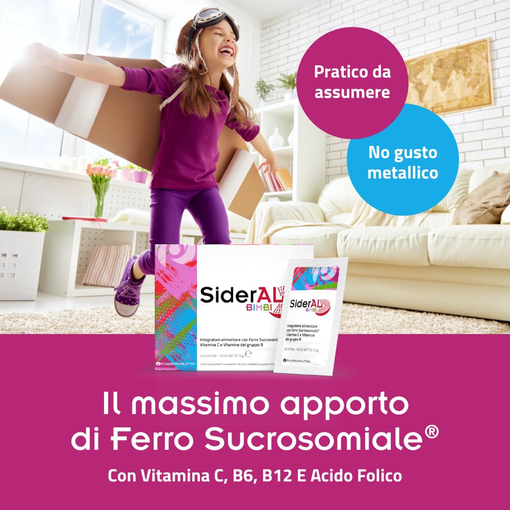 SiderAL Bimbi integratore alimentare a base di ferro Sucrosomiale® (9 mg), Vitamina C, B, B12 Sucrosomiale® e Acido Folico, No gusto metallico, No Glutine, Alta tollerabilità, 20 bustine, Pharmanutra