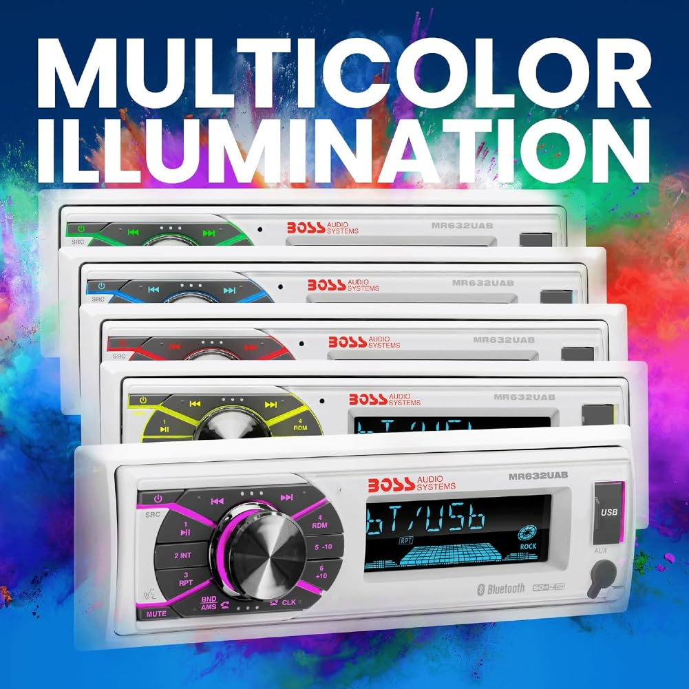 Boss Audio Systems MR632UAB Single DIN Radio Receptor AM/FM AUX USB MP3 Bluetooth Resistente al Agua Blanco 1 Unidad
