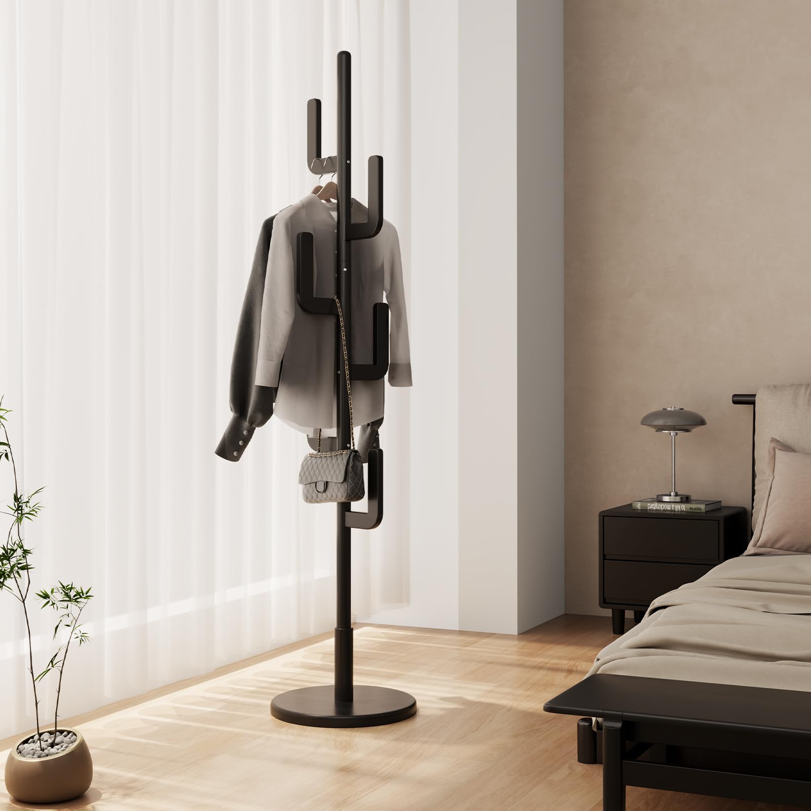 AQIMUELE Attaccapanni, Appendiabiti da Terra in Legno, 8 Ganci, 3 Altezze, per Cappotti Cappelli Borse, per Ingresso, Camera da Letto, Soggiorno (Nero)