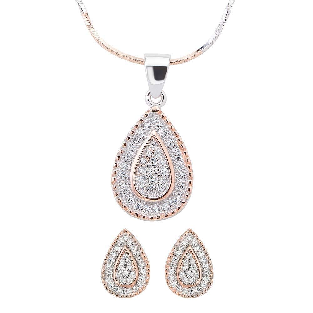 izaara 92.5 Sterling Silver Rose Gold Pendant and Chain with Earrings for Women