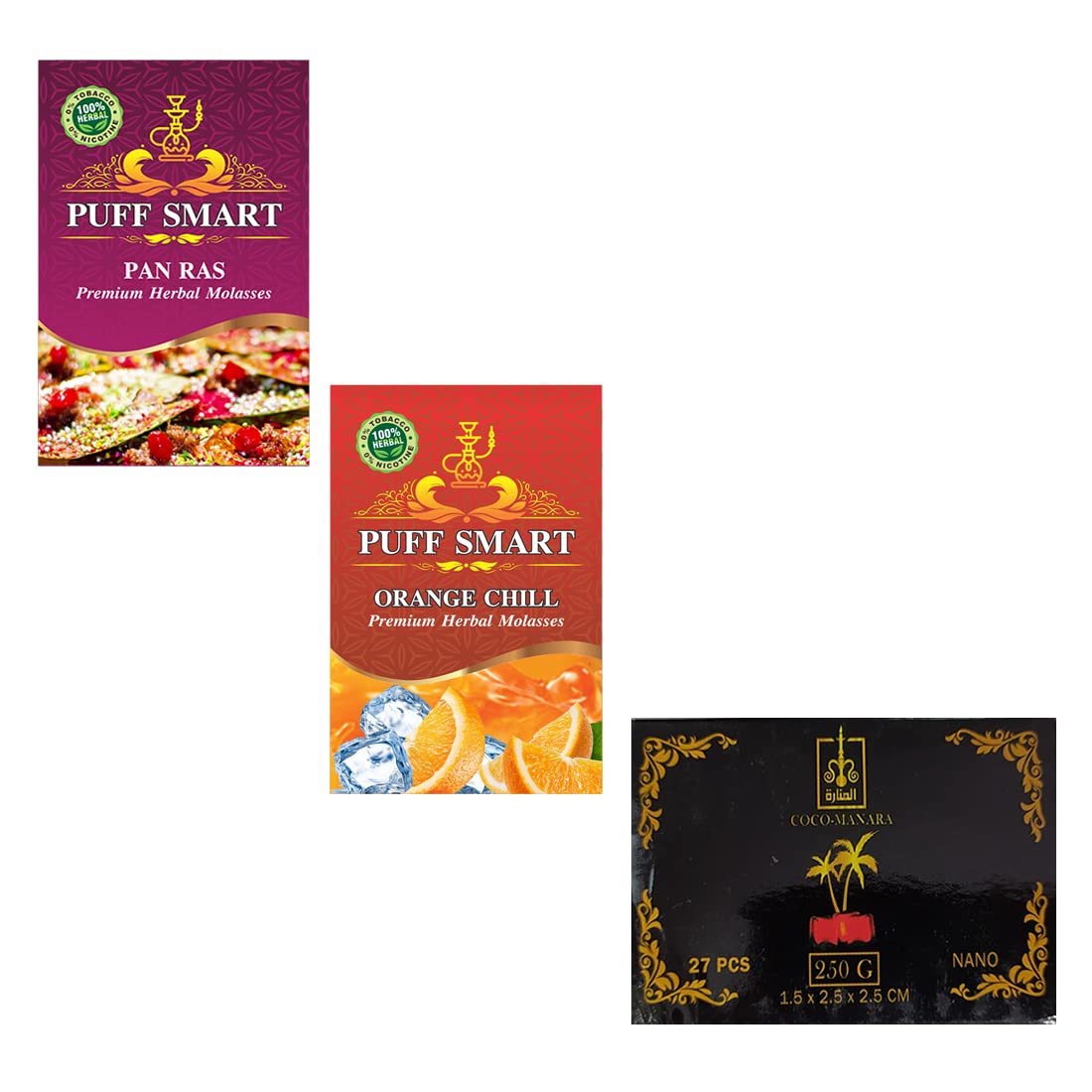 PUFF SMART Premium Herbal Flavor Pan Ras And Orange Chill With Coco-Manara Coconut Charcoal_250g Combo (100% Tobacco And Nicotine Free)-image-46