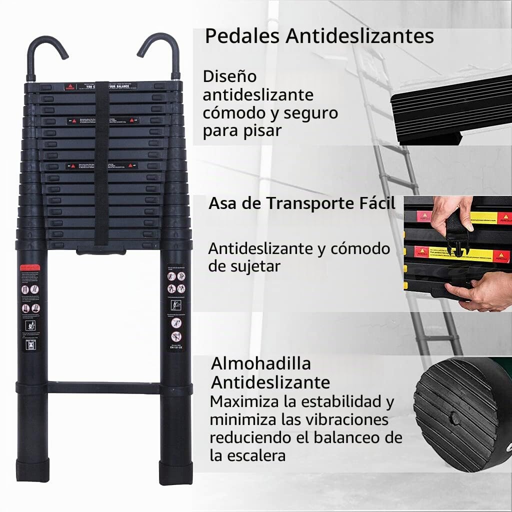 Escalera telescópica de aluminio de 3,2 m con 2 ganchos, antideslizante, con 11 peldaños, para exteriores e interiores, 150 kg, color negro