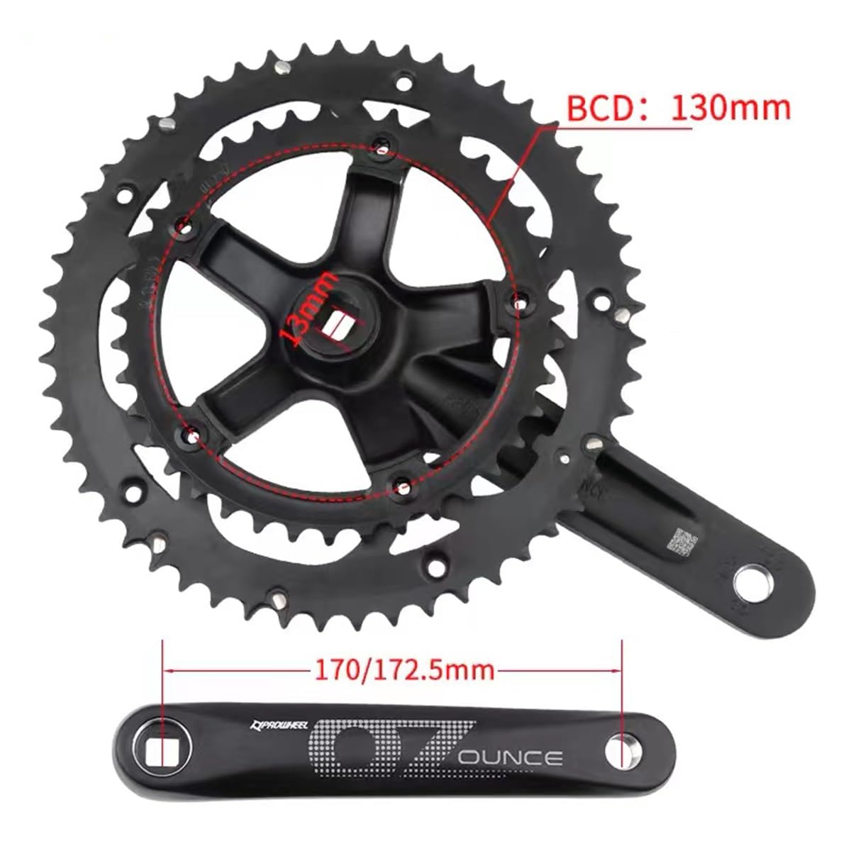 Koło łańcuchowe z osią kwadratową do roweru szosowego, oś 170 mm, oś 172,5 mm, odległość osi 130 mm, podwójna okrągła taca 39 zębów i 53 zęby, ze stopu.