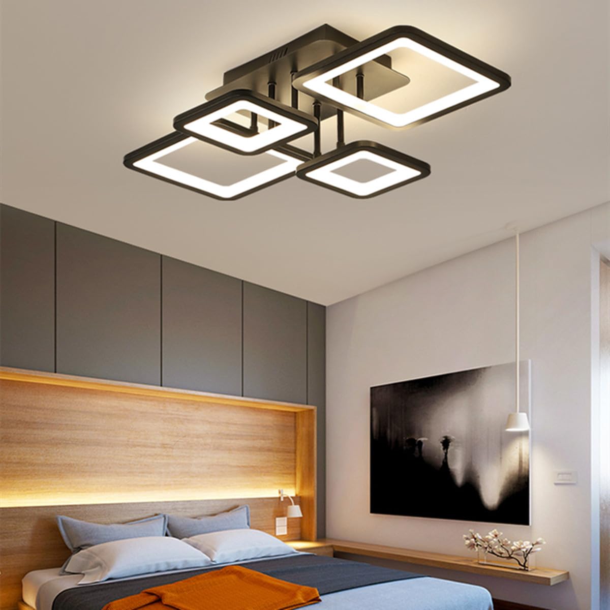 Comely Plafonnier LED Moderne, 54W Luminaire Plafonnier Dimmable | Lampe de Plafond avec Télécommande 3000K-6500K , Design Rectangulaire Créatif pour Salon, Chambre, Cuisine (Noir)