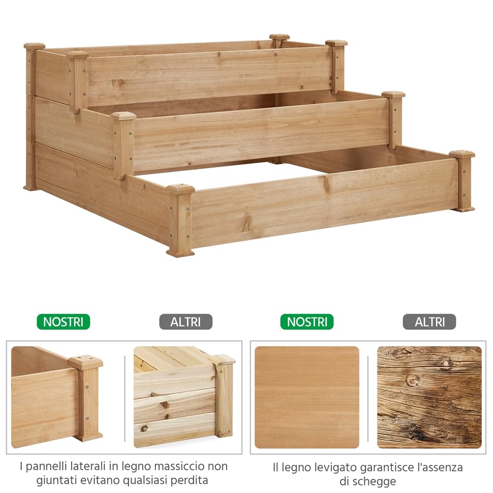 Yaheetech Letto Orto Rialzato da Giardino Etserno Interno Grande a 3 Livelli Aiuola Rialzata Vasca per Piante in Legno 120 x 120 x 56 cm Marrone Chiaro