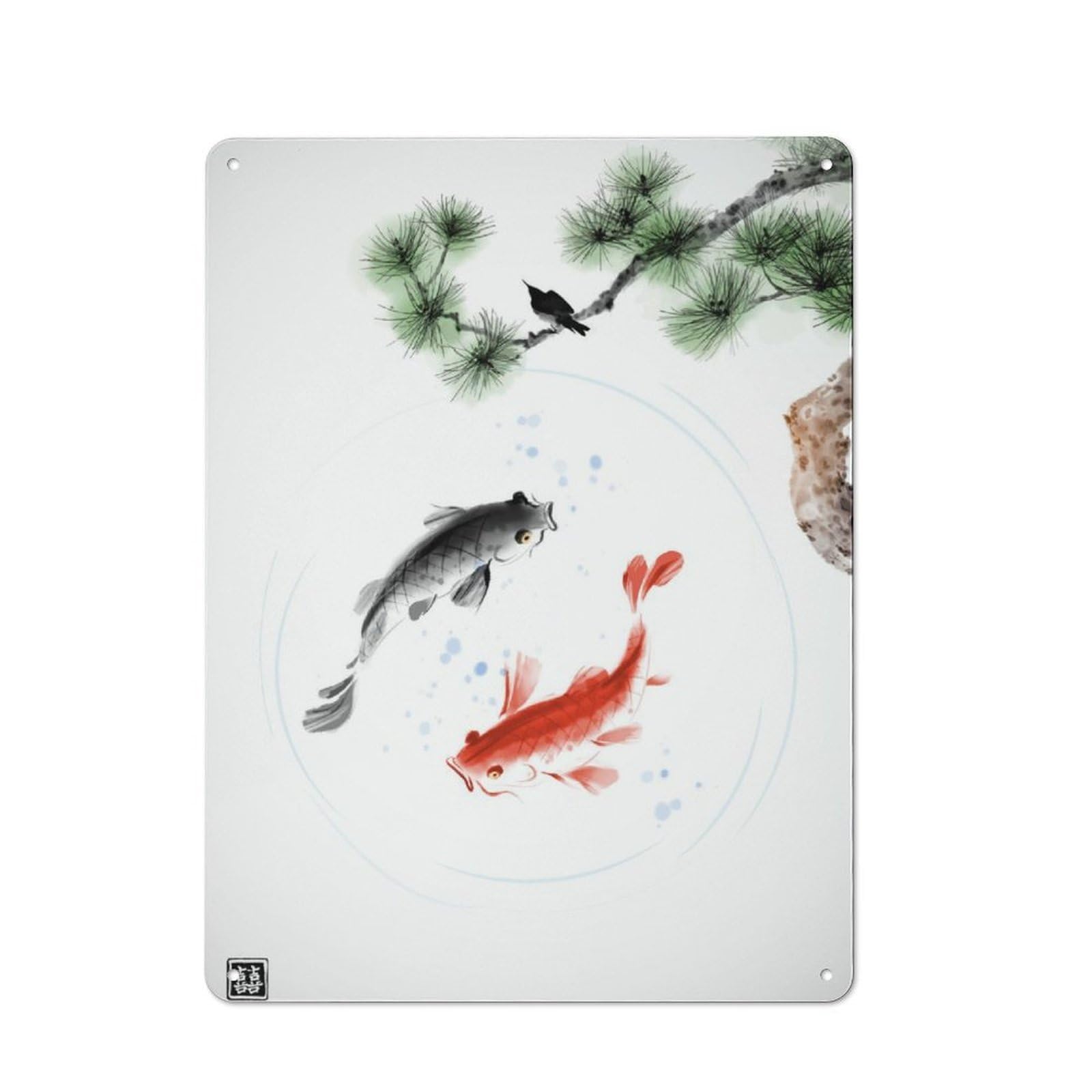 Junmoney Koi Fish Minimalist Pond Vintage Metal Plaque 40X30cm Featuring For Pub Or Café, Suited To Café Interior Fans
