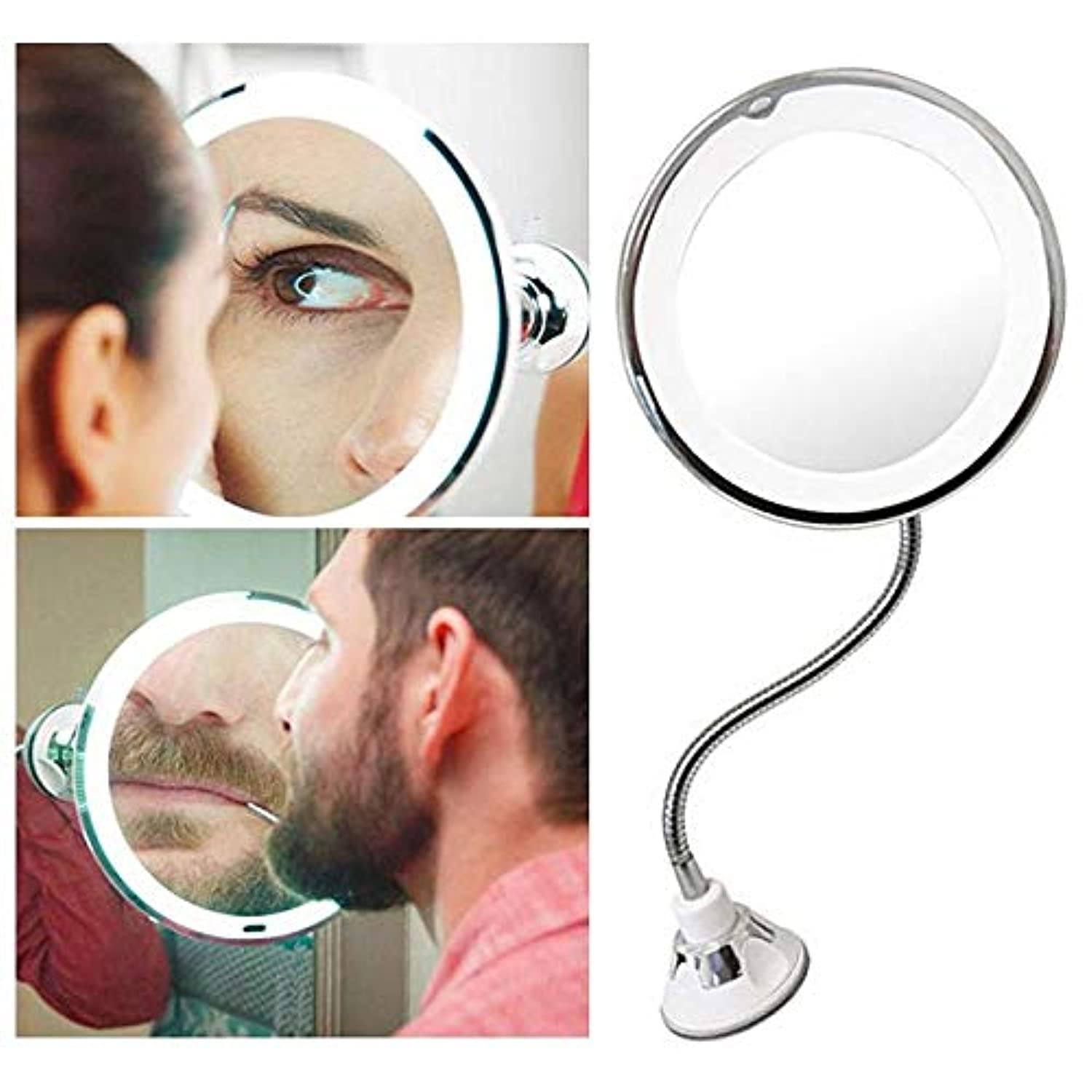 360 Rotation Flexible Gooseneck 10x Magnifying LED Lighted Bathroom Makeup Shaving Mirror Adjustable Bendable Gooseneck- Silver