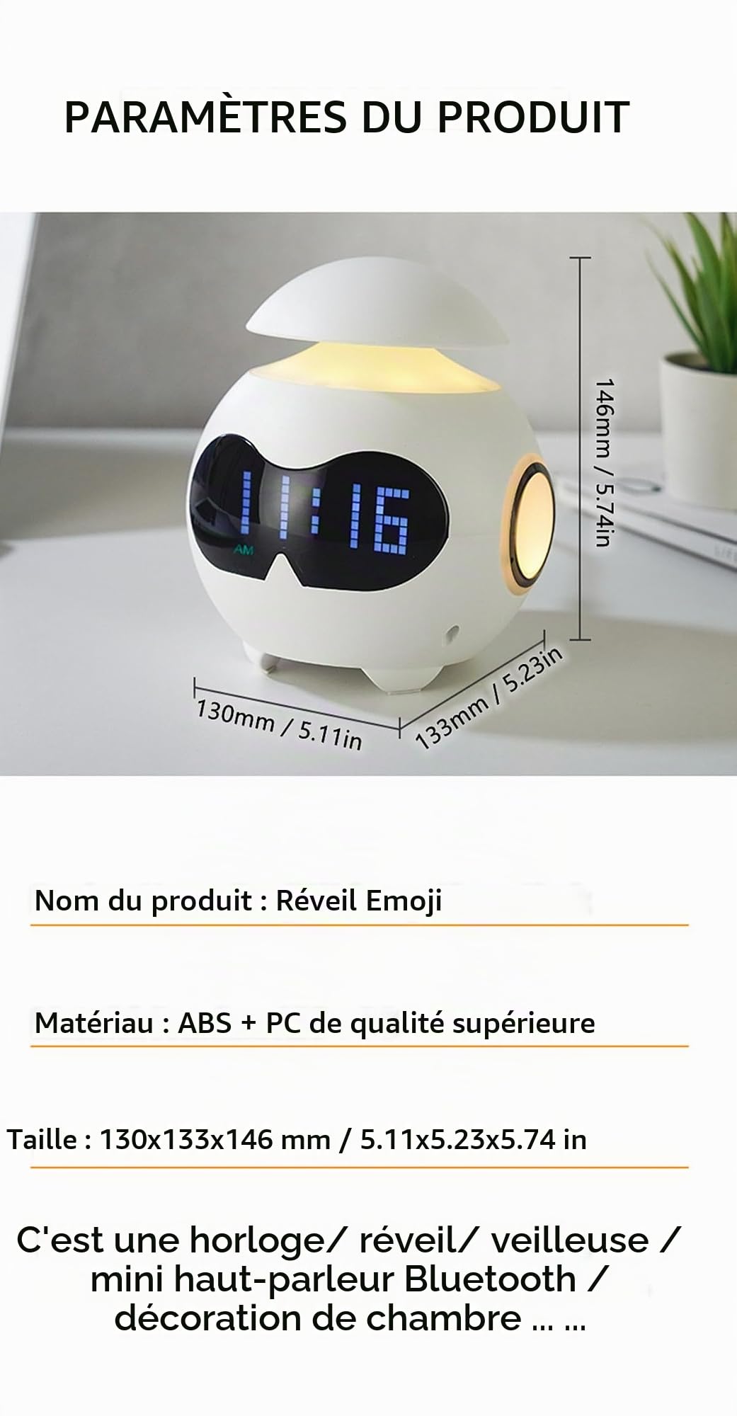 Fantasee Réveil Enfants, réveil USB avec Emoji, Double Alarme, avec veilleuse réglable et Mini Haut-Parleur Bluetooth pour Enfants Adultes Amis Cadeau d'anniversaire (USB Powered, Blanc)