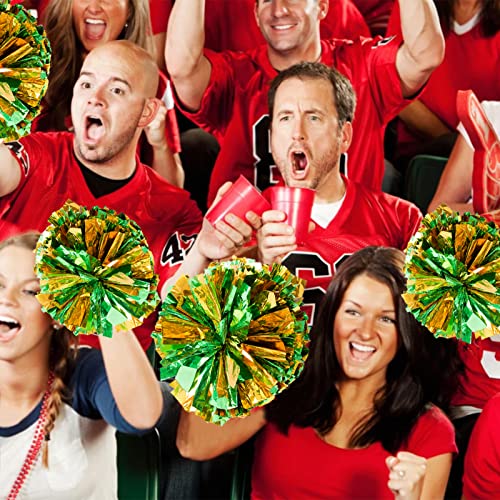 4Pcs Metallic Cheerleading Pom Poms, Creatiee 2 Pair Cheerleader Cheering Squad Pompoms for School Sports Dance Games Team Spirit Cheer (Green Gold)
