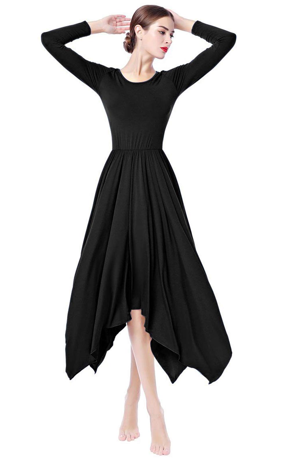 ZX Women Long Sleeve Praise Dance Dress Irregular Pleated Swing Skirt Latin Ballroom Dance Dress Lyrical Dancewear