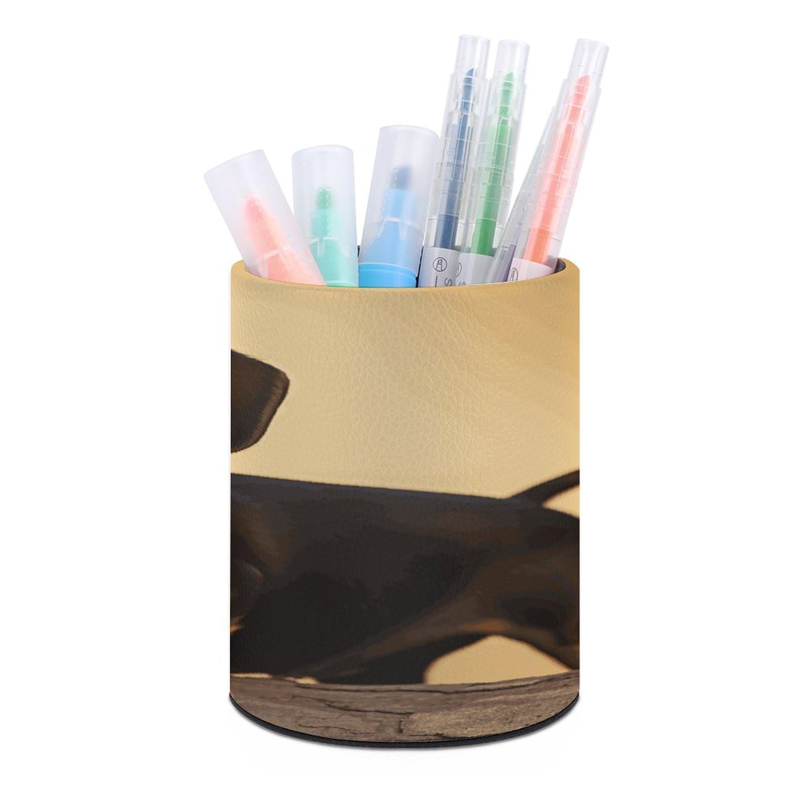 VstaDank A Cute Dachshund Round Pencil Holder PU Leather Desk Organizer Stand for Desk Desk Decoration Desk Office Home (3.1 x 3.9