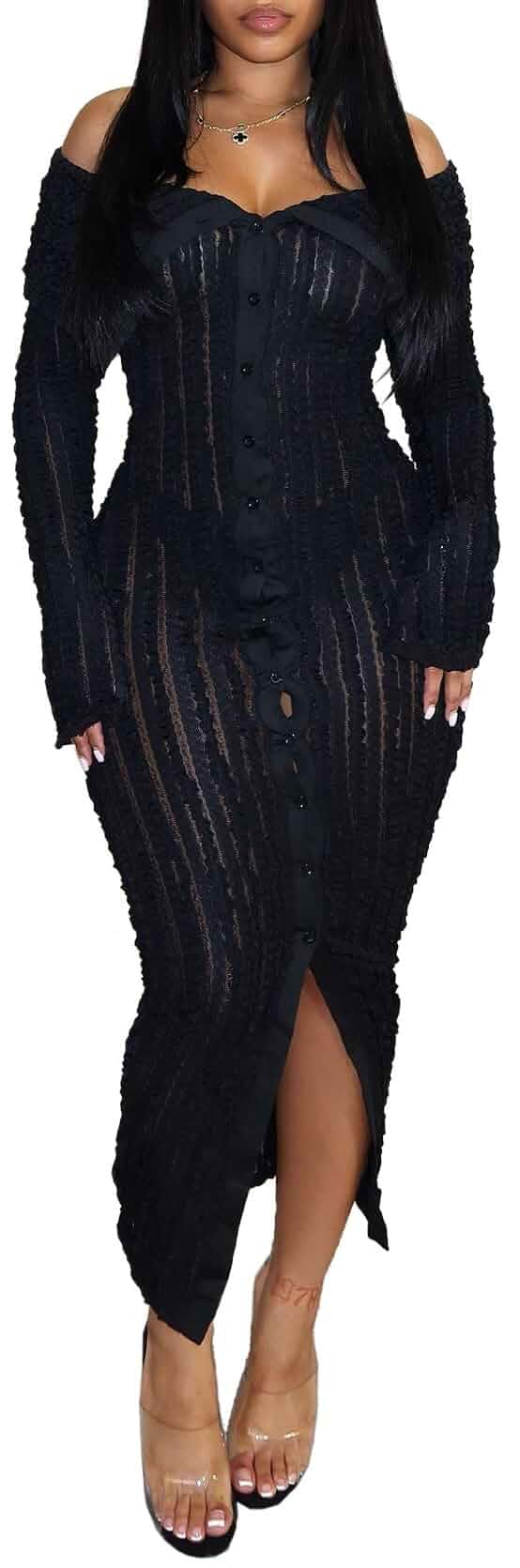 Womens Off Shoulder Pleated See Through Flare Sleeve Maxi Dress Sexy Gauze Sheer Long Bell Sleeve Button Down Ruched Slit Bodycon Long Dress for Party Club