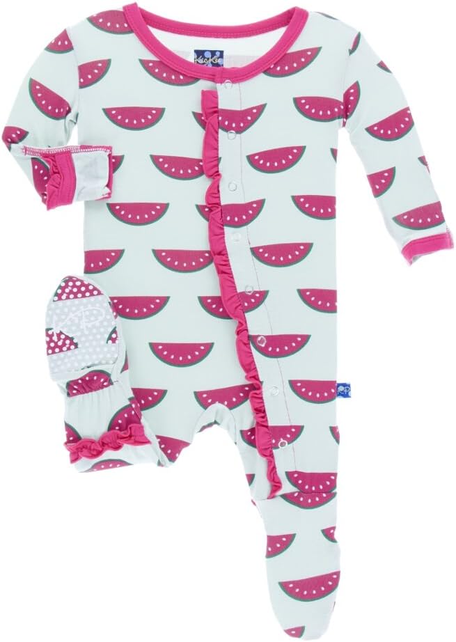 KicKee Pants Baby Girls Classic Layette Ruffle Footie, Watermelon, 3-6M