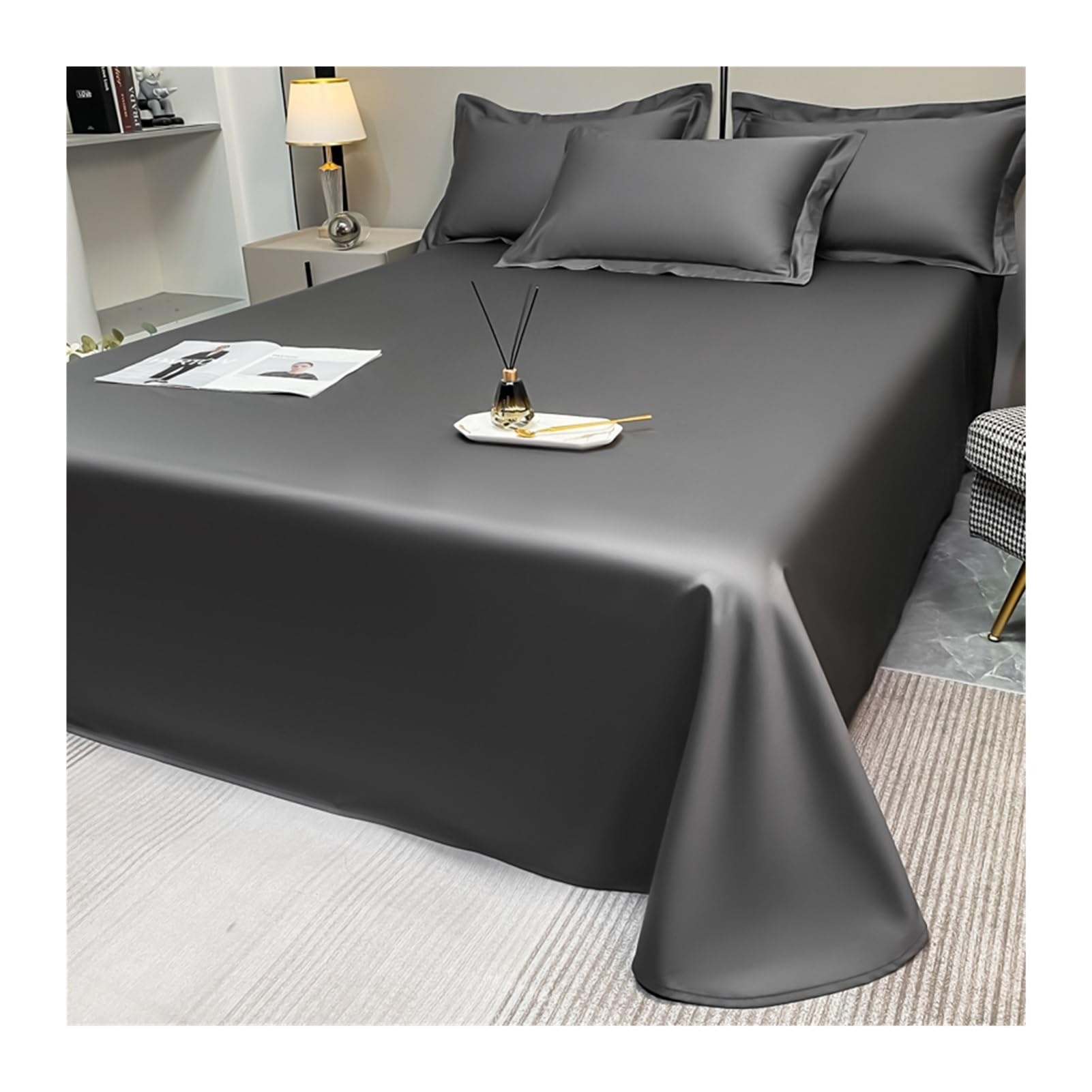 Sábana Encimera 180x240cm-120/135cm 245x250cm-150/180cm 245x270cm-200cm Sábana Plana Premium Hotel Ropa de Cama de Lujo y Suave(Dark Gray,245x250cm+48x74cm x2)